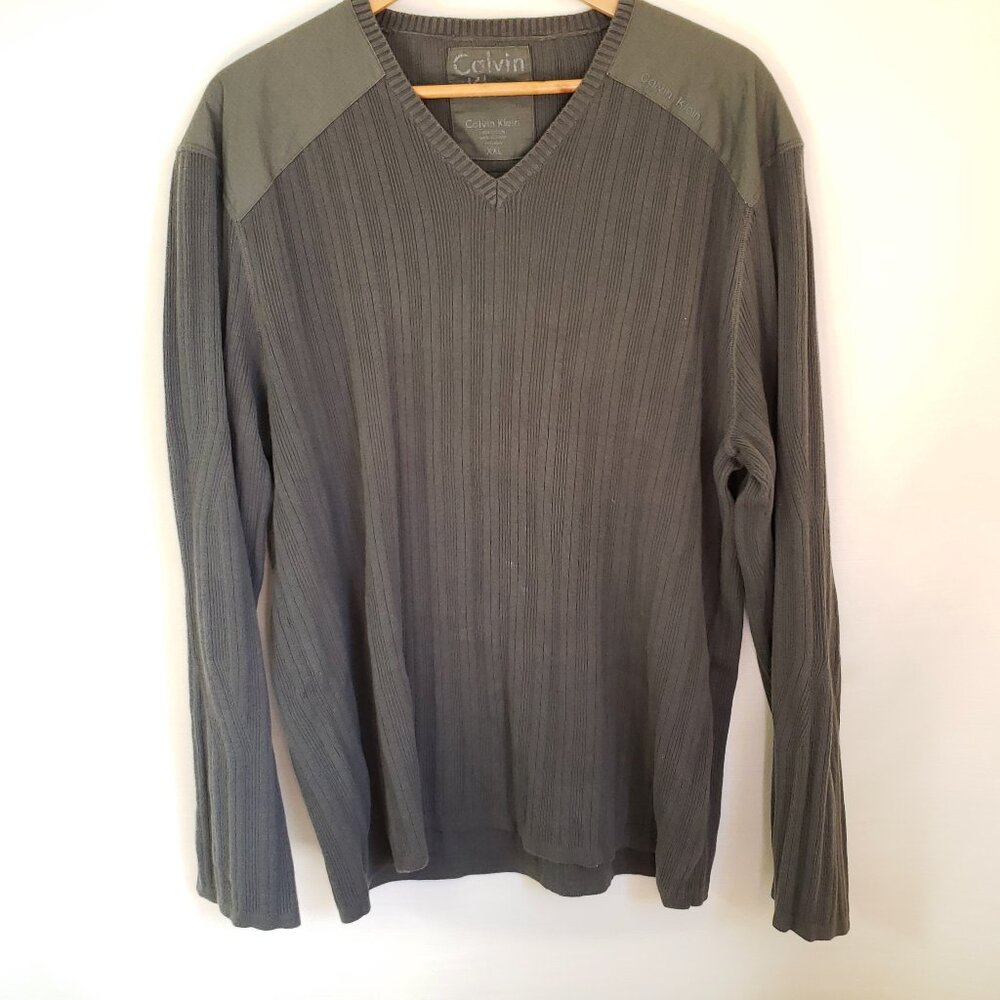 Y2K Olive Ribbed Cotton Long Sleeve Mens Shirt Calvin Klein 2X